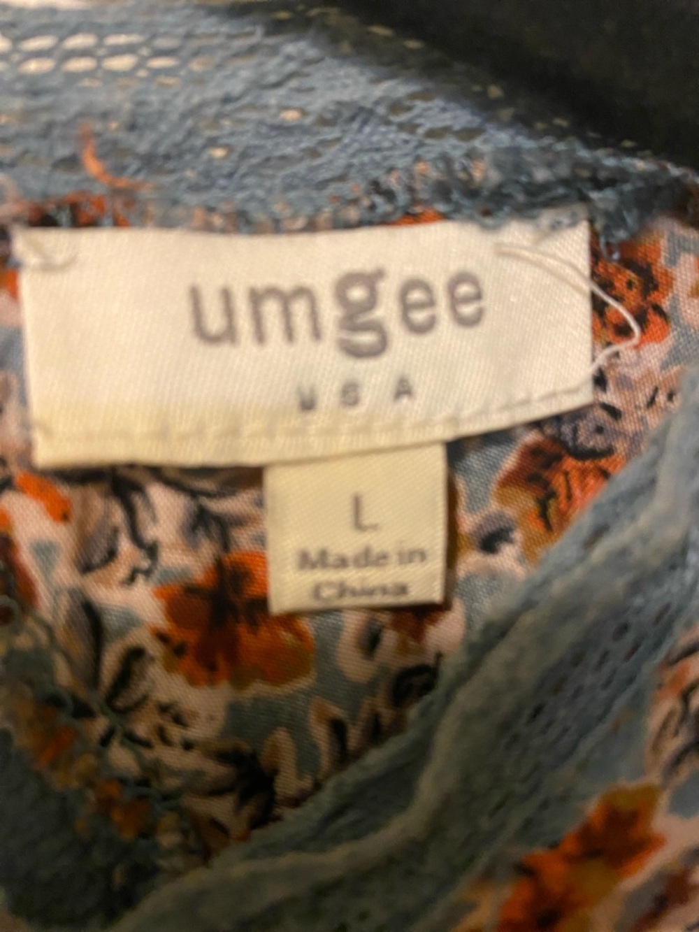 Umgee Blue Lace Trim Top with Orange Floral Accents - Picture 2 of 4